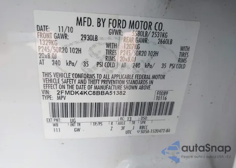 2011 Ford Edge Limited z USA, uszkodzony, nr VIN 2FMDK4KC8BBA51382